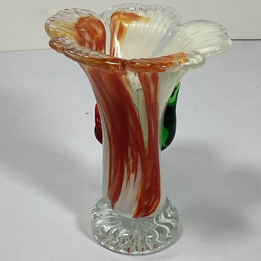 Hand Blown Art Glass Vase Orange White Swirl Ruffled MCM Decor